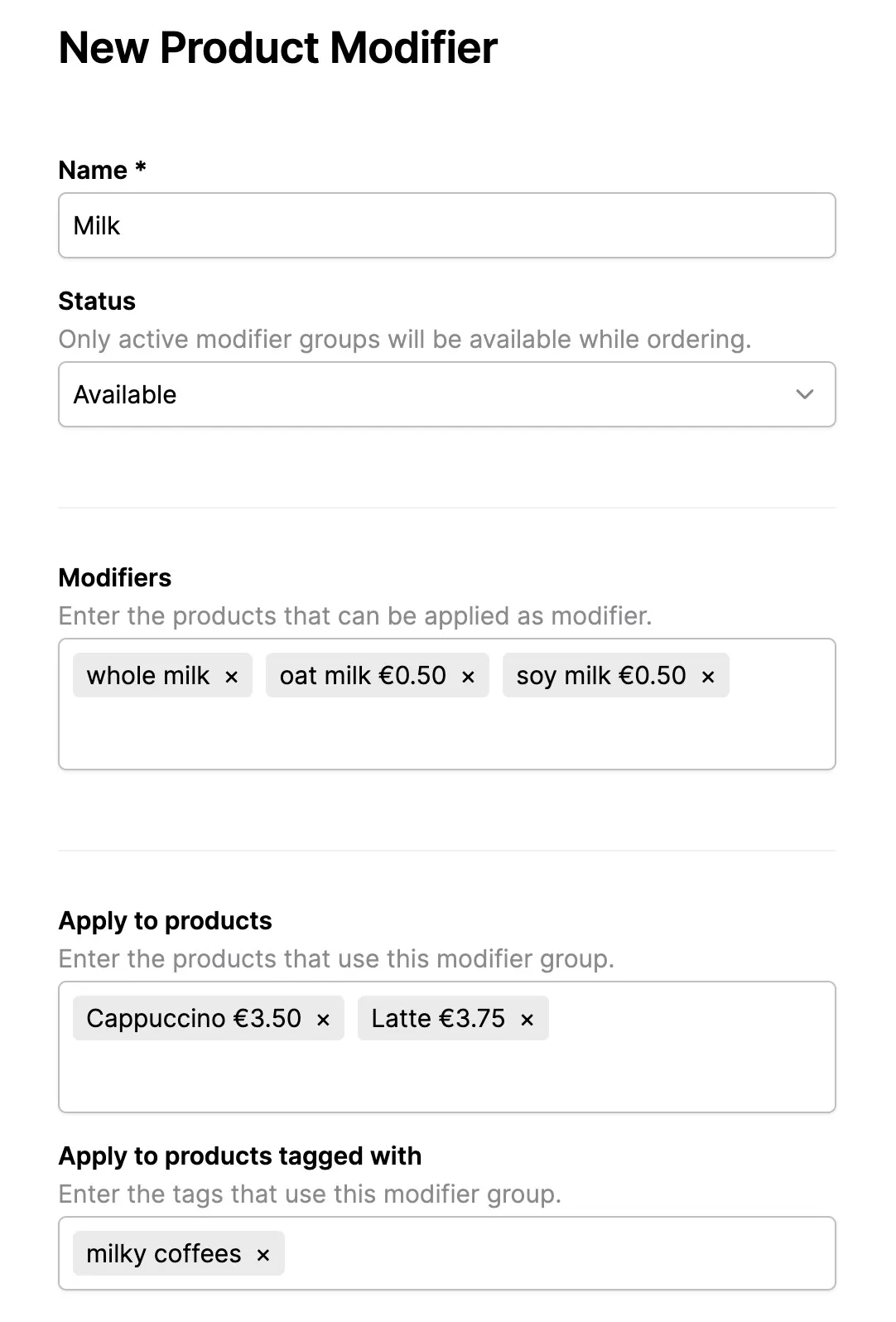 The New Product Modifier page where to input all information